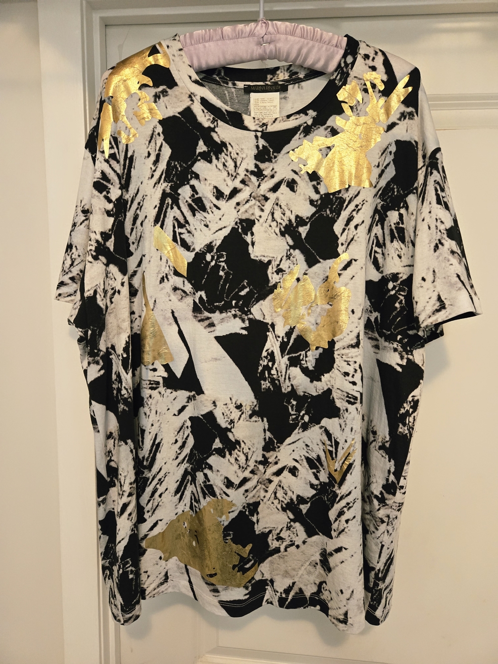 Marina Rinaldi Black, White And Gold Accent  Abstract Print Tee XL